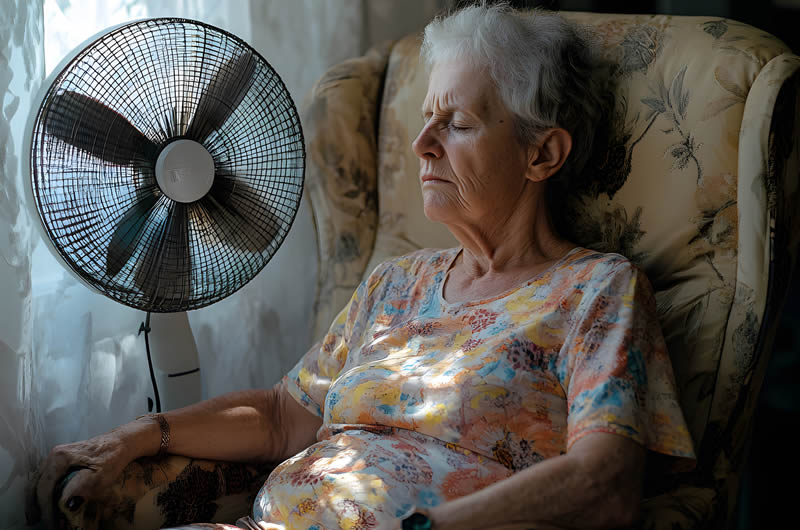 old lady keeping cool with fan